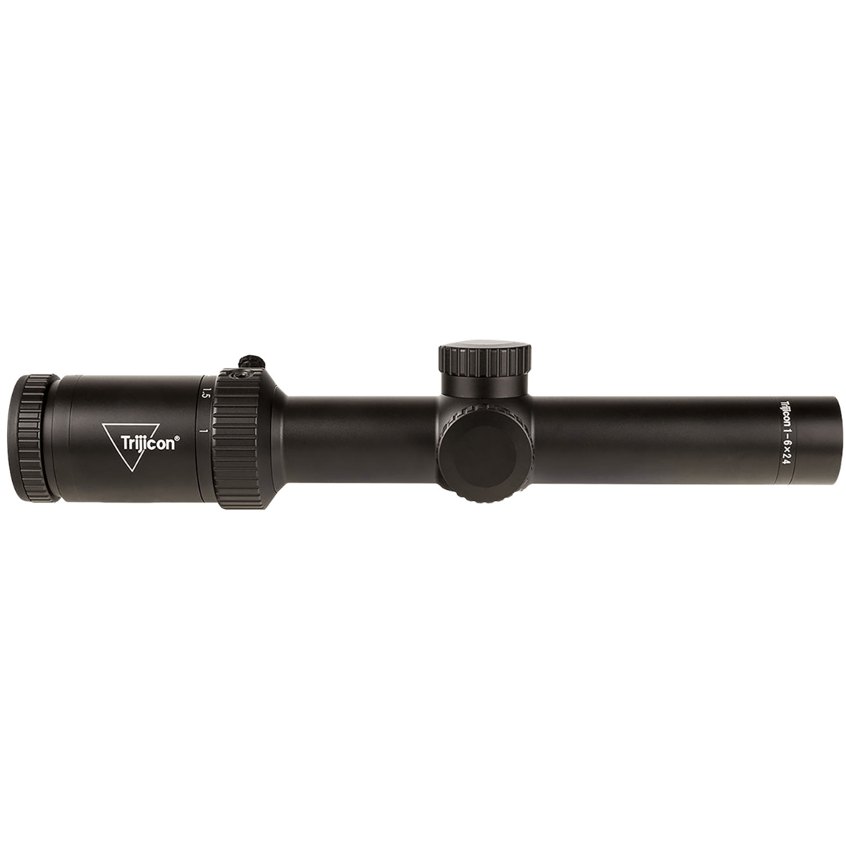 Trijicon Credo HX 1-6x24mm Rifle scope with LED Illuminated Red MOA Segmented Circle Reticle, Left Side View.